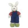 Hand knitted boy bunny Cobus in navy dungerees, lime shoes and red and lime striped jersey