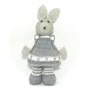 hand knitted girl bunny Elsie in light grey and white dress, stripy white and grey tights and white jersey