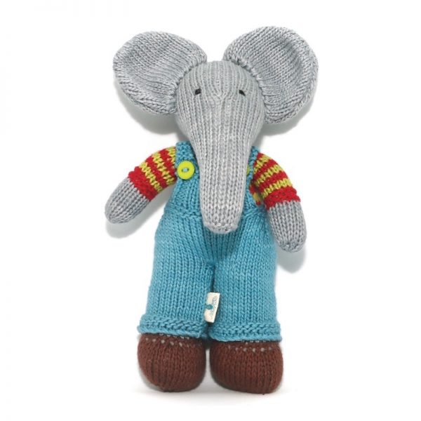 Hand knitted boy elephant, Jacob with brown shoes, turquise dungerees and red and lime striped jersey