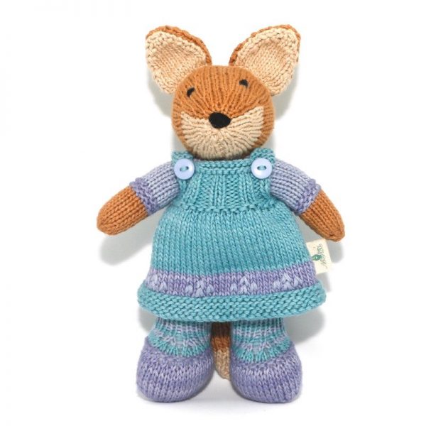 Hand knitted girl fox Caro with lilac shoes and jersey and blue-green dress with lilac detail