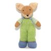 Hand knitted boy fox, Howard with denim shoes, lime dungerees and mint and blue striped jersey