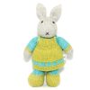 Image of knitted bunny Rachel with avocado green dress and shoes, turquoise jersey and socks