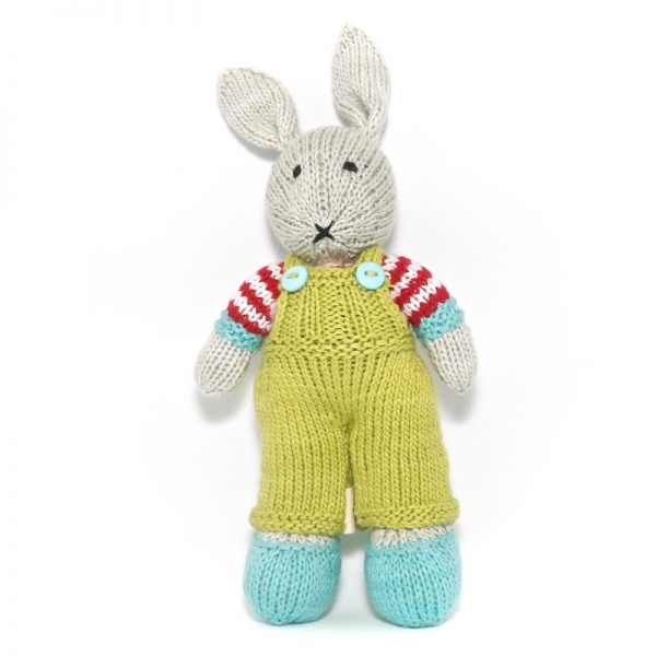 Image of hand knitted bunny Siemon wearing lime dungerees, white and red striped jersey and turquoise shoes