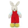 Image of hand knitted bunny Rob wearing red dungerees, white and blue striped jersey and lime green shoes