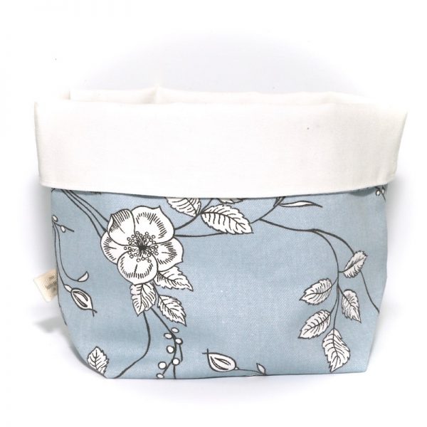 Image of lined fabric container in blue floral pattern