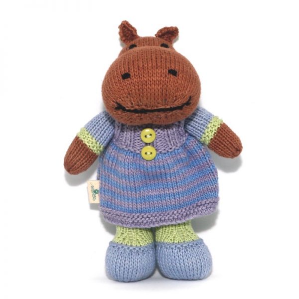 Image for hand knitted hippo Ruth with purple shoes and dress, green stockings