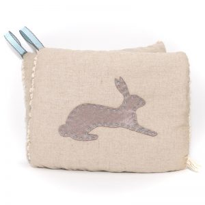 Image for handmade potholder set decorated with resting bunny in grey felt