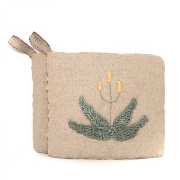 Image for handmade potholder set decorated with embroidered aloe with yellow flowers