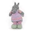 Image of hand knitted Rhino Ivy in pale sage shoes and lilac dress